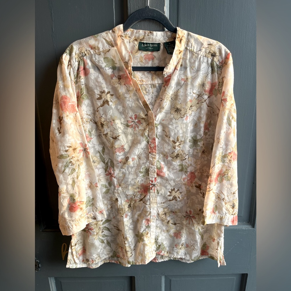 Lemon Grass Studio Floral Sheer Vintage Button Down, Size XL